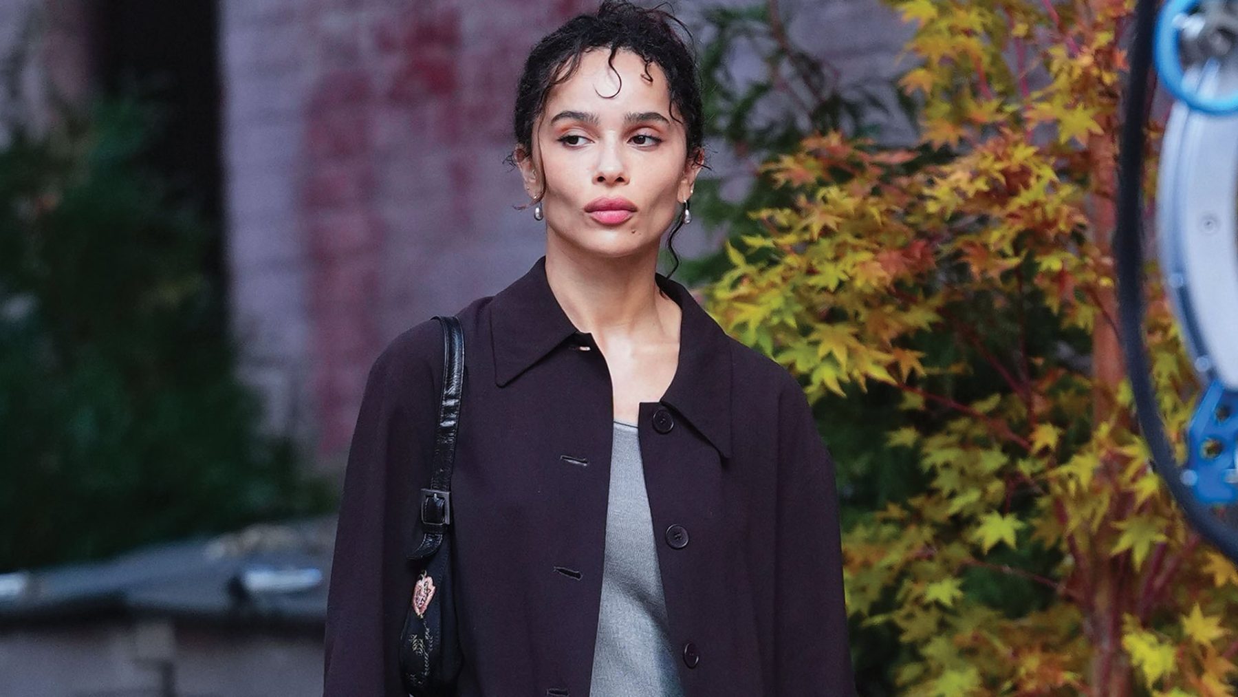Zoë Kravitz носит коричневые туфли, чтобы увести slip skirt в осень
